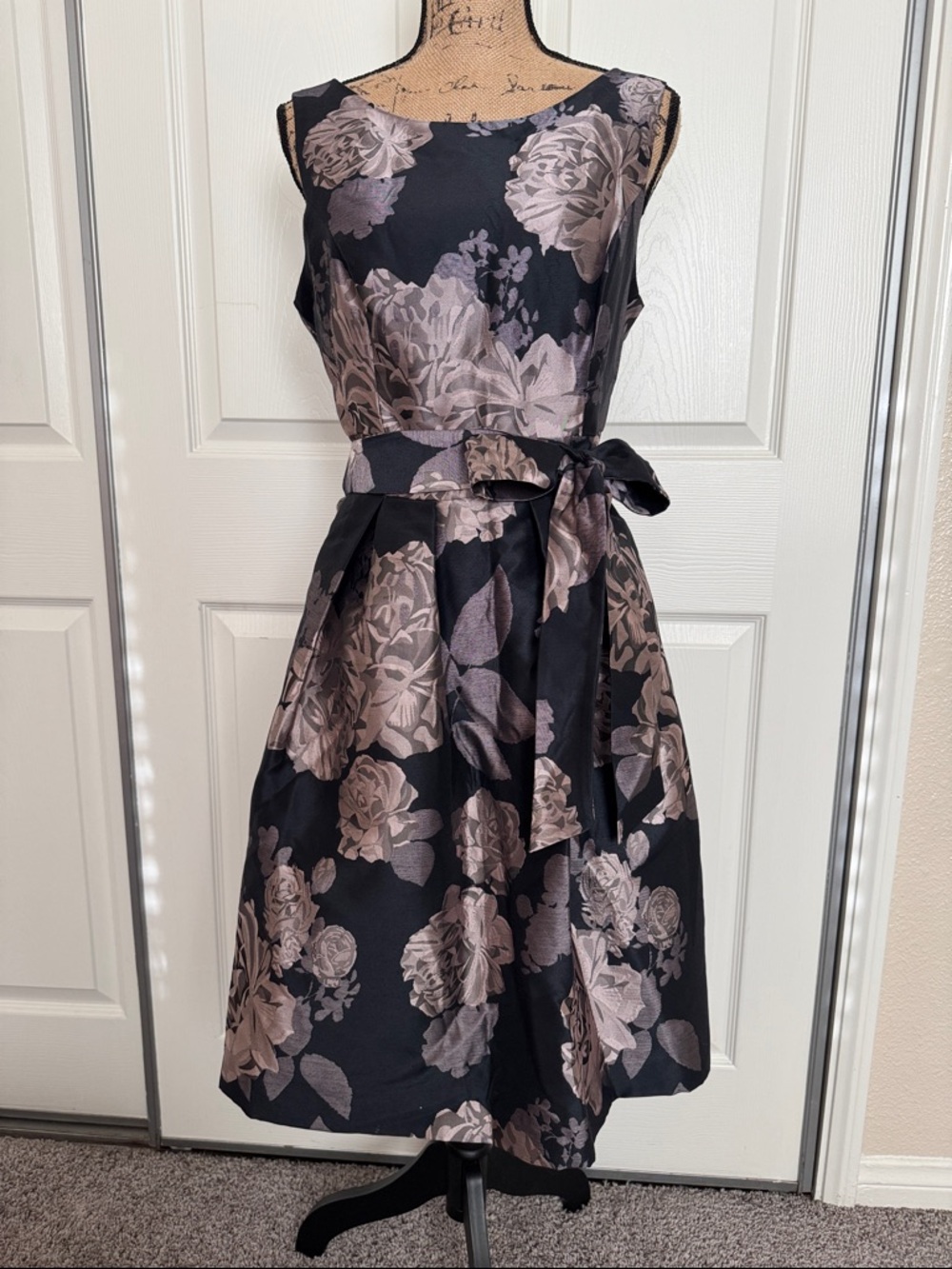 Jessica Howard Black Dress with Dusty Plum/Pink Floral Print and Waist Tie